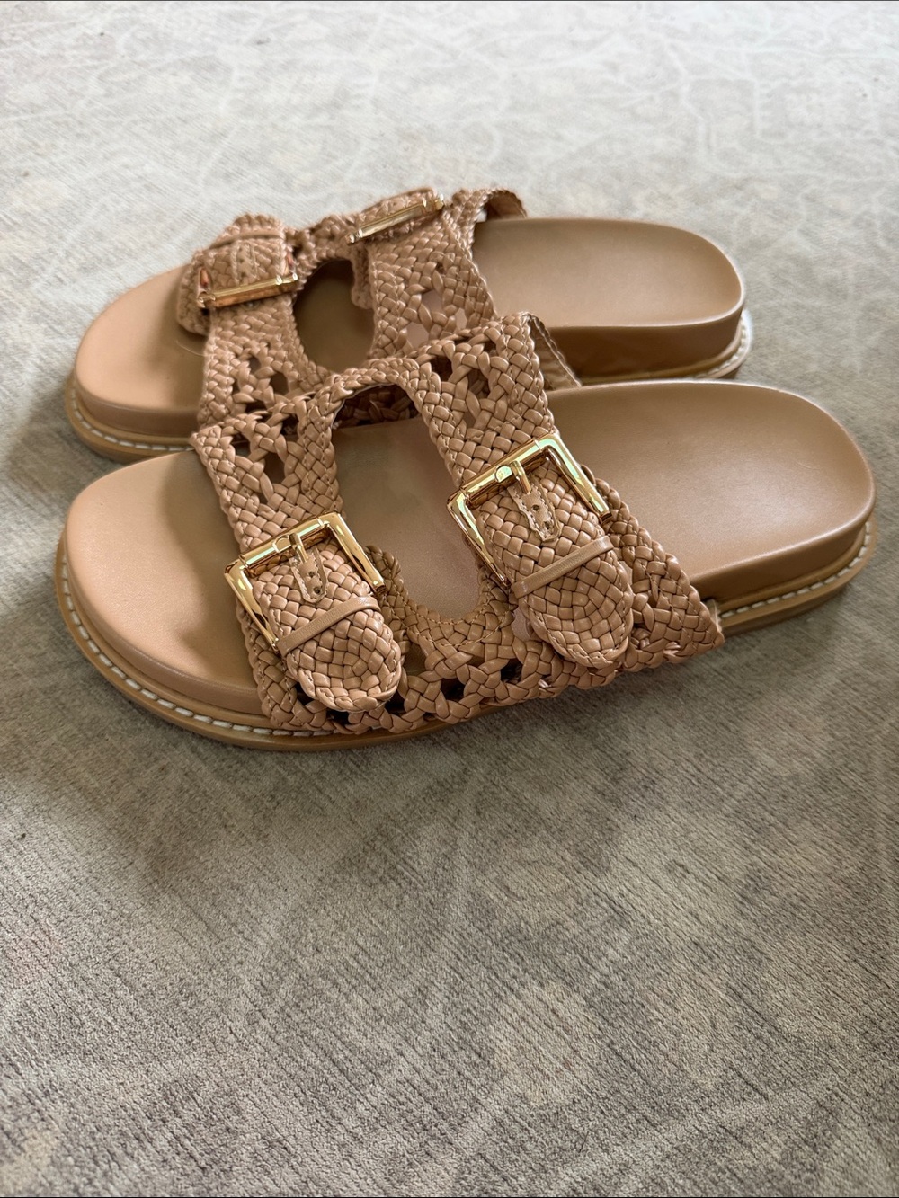 Woven Double-Buckle Slide Sandals - Tan